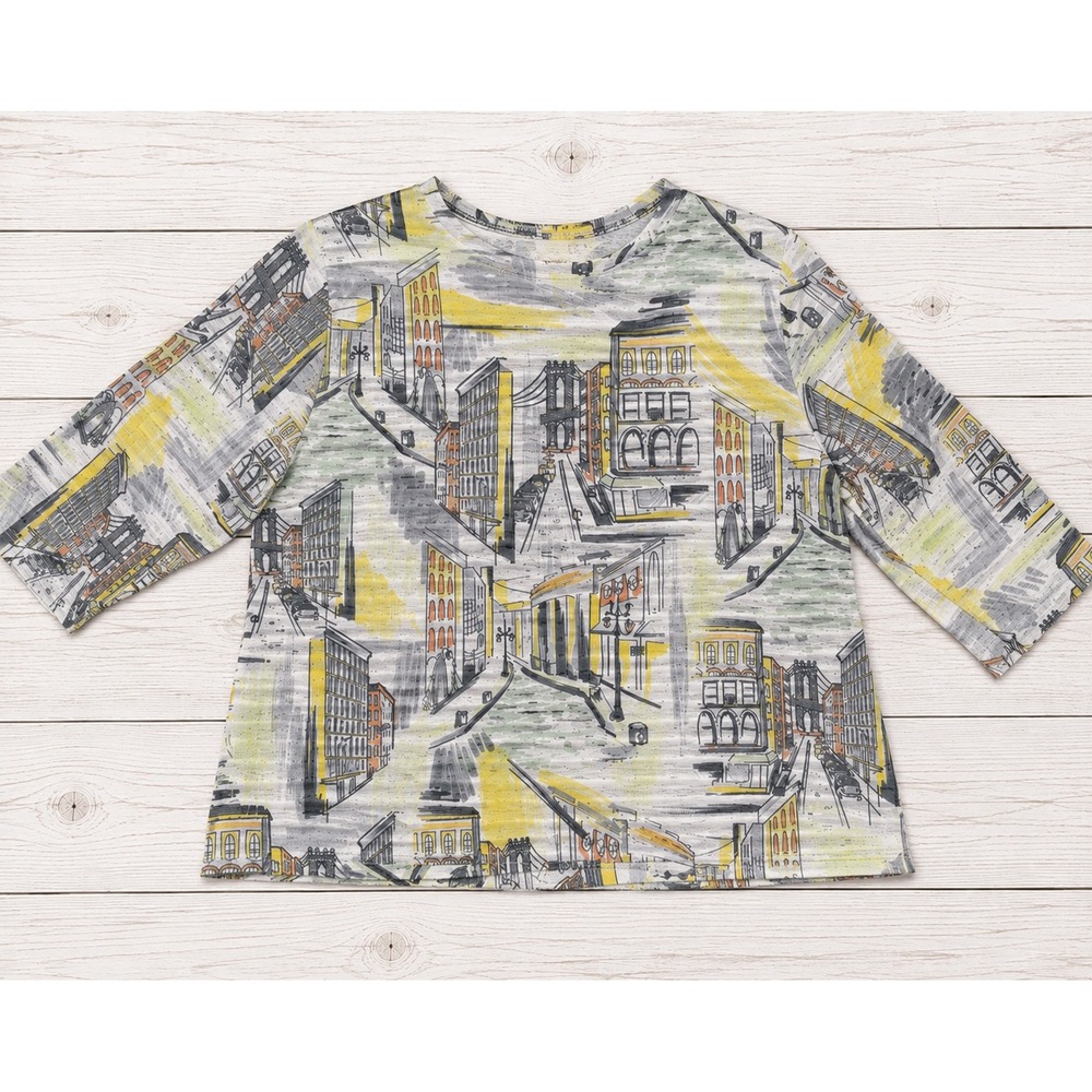 Alfred Dunner Top Cityscape Print Textured 3/4 Sleeve Multi Color Large Petite